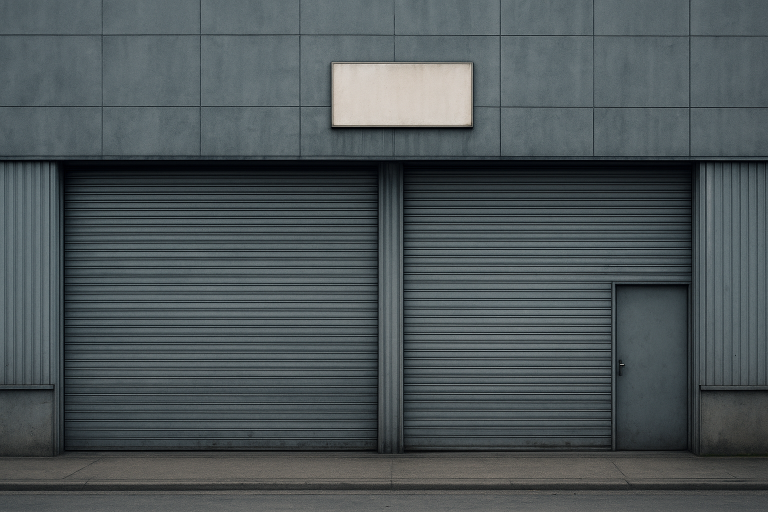 نمای خارجی کارخانه تولید کاروان با درهای بسته