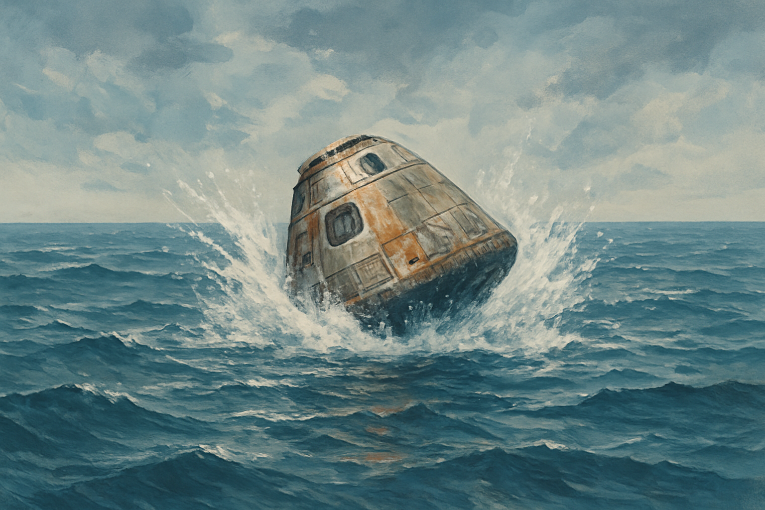 کپسول فضایی در حال فرود بر روی آب‌ها