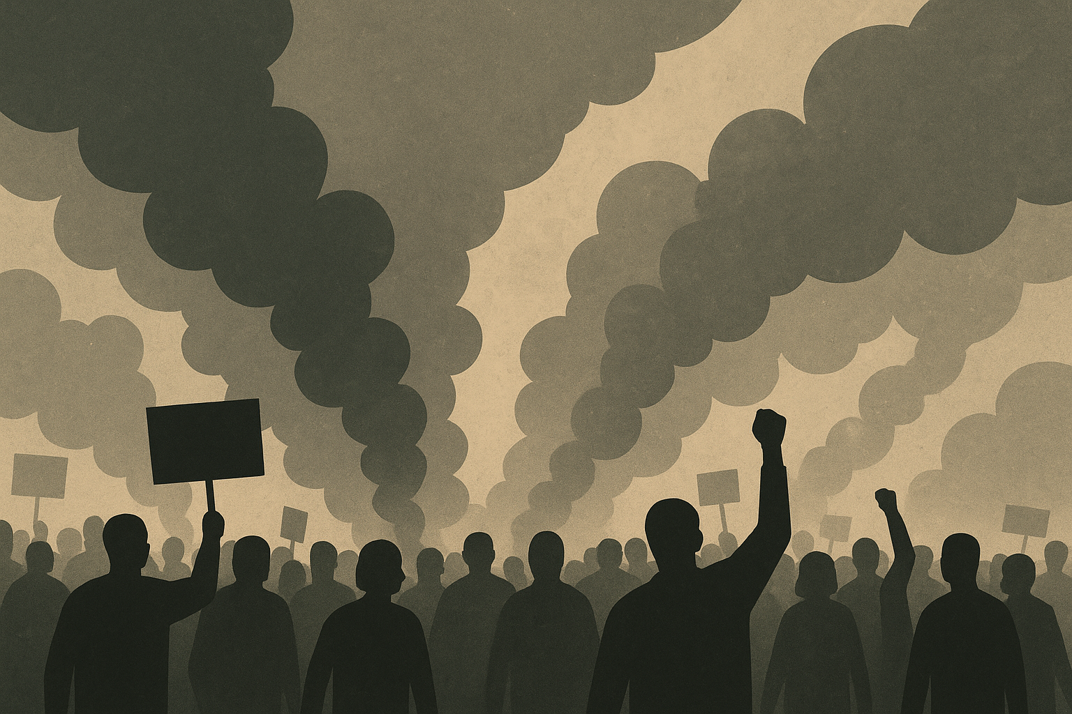 تصویر نمادین تجمع اعتراضی با نور کم و دود