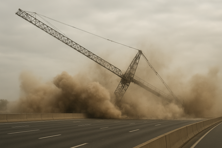 سقوط جرثقیل بزرگ بر روی جاده همراه با گرد و خاک