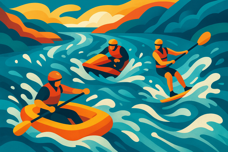 مسابقه اسکی آبی پرسرعت روی رودخانه با پس‌زمینه طبیعی