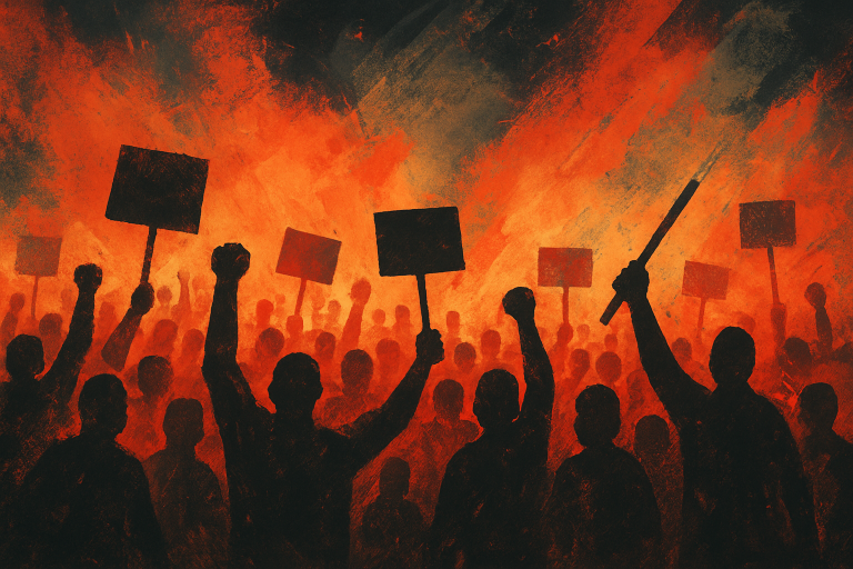 تصویری انتزاعی از تجمع اعتراضی با نورپردازی کم رنگ