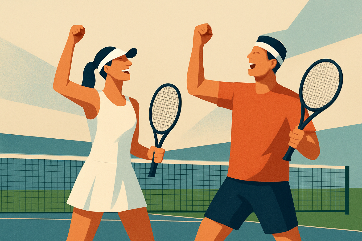 تنیس‌بازان زن و مرد در زمین مسابقه