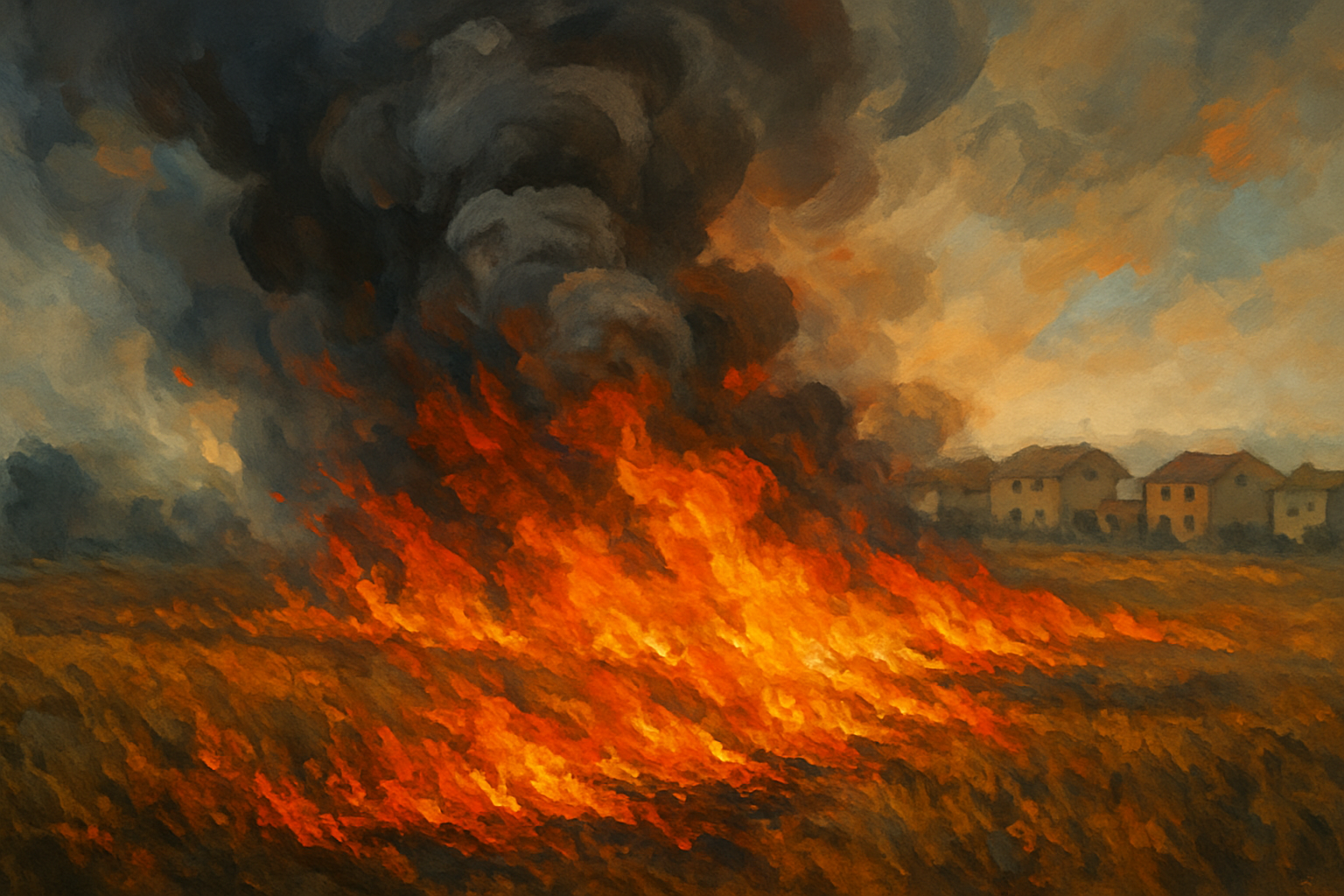 آتش سوزی گسترده در زمین کشاورزی با دود غلیظ