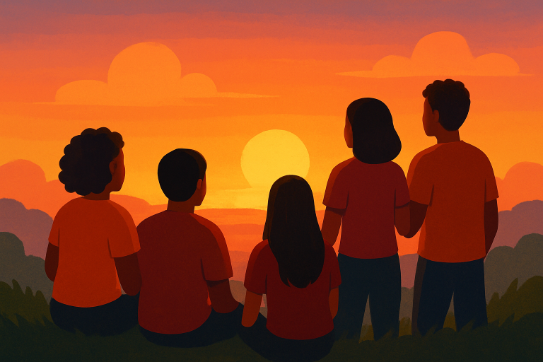 گروهی از جوانان کنار ساحل هنگام غروب آفتاب