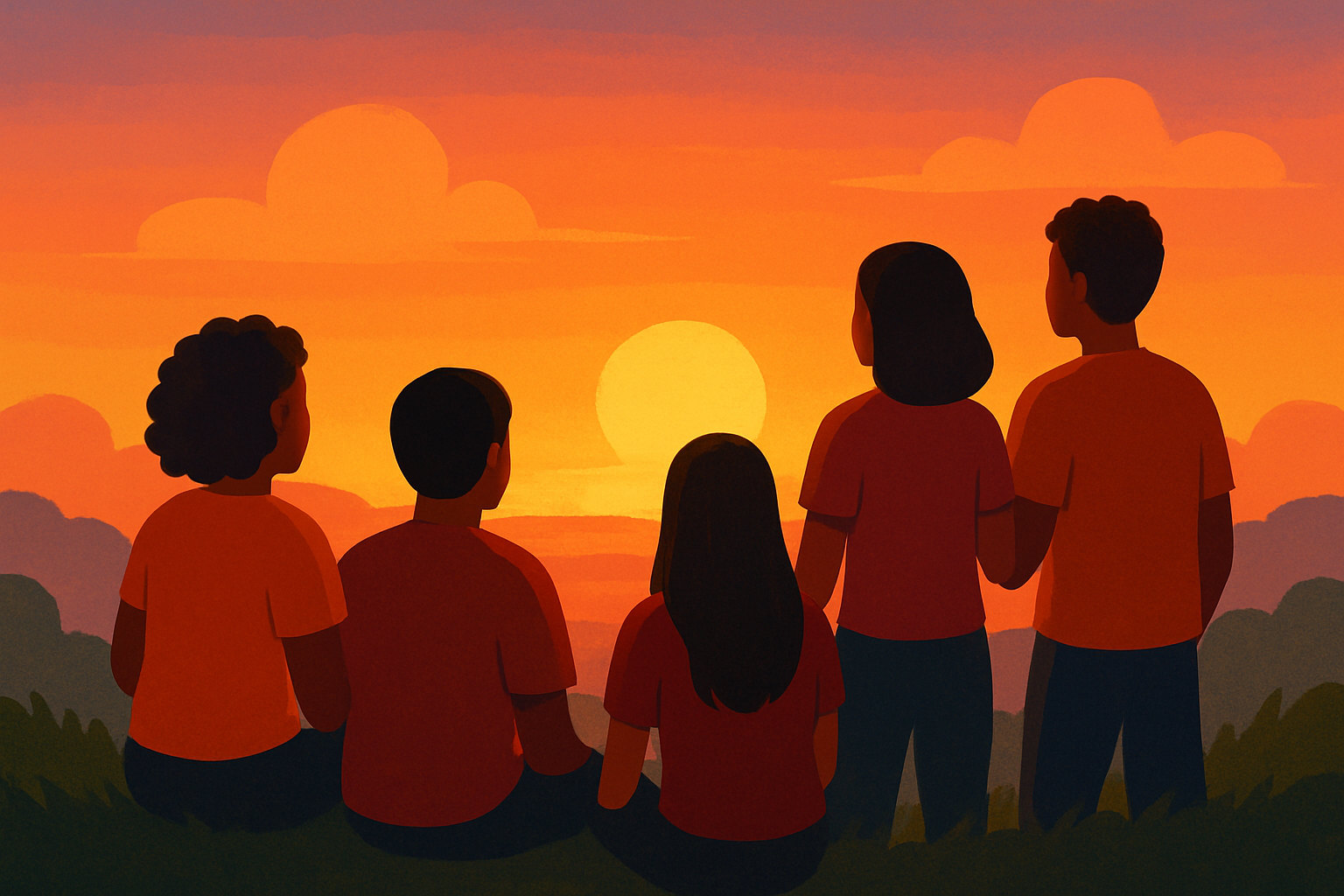 گروهی از جوانان کنار ساحل هنگام غروب آفتاب