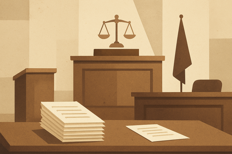 دادگاه با فضای رسمی و اسناد حقوقی
