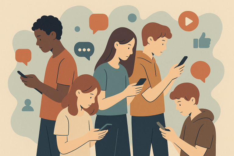 تصویری مفهومی از نوجوانانی با گوشی موبایل و نمادهای شبکه‌های اجتماعی