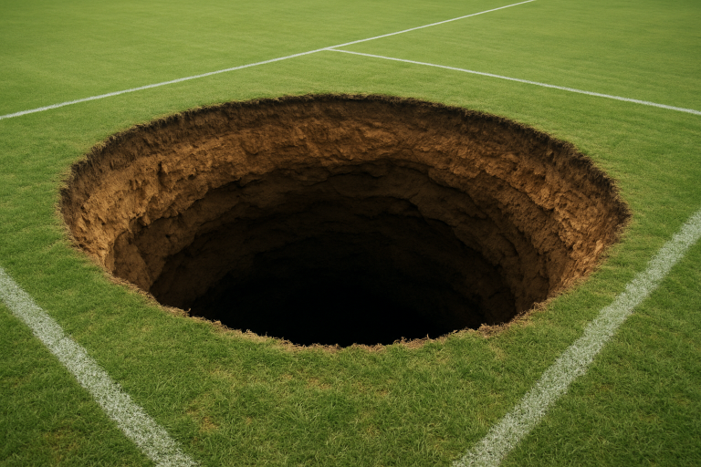 زمین ورزشی با چاله بزرگ ناشی از سقوط زمین