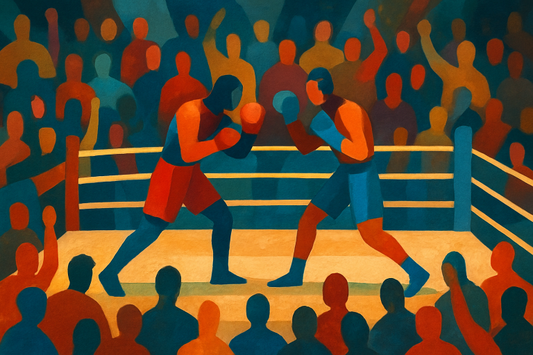 مسابقه بوکس در سالن ورزشی با جمعیت تماشاگران