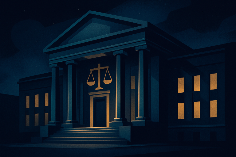 نمای خارجی ساختمان دادگاه با نور کم