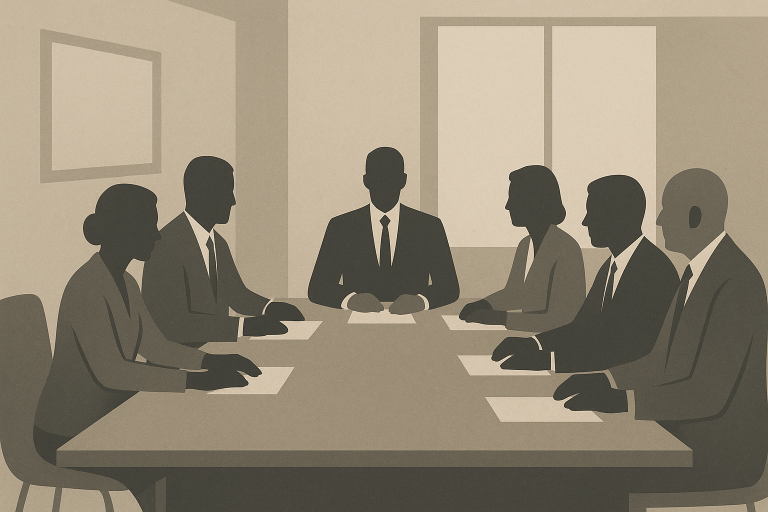 جلسه رسمی با حضور چند مقام بانکی در محیط اداری