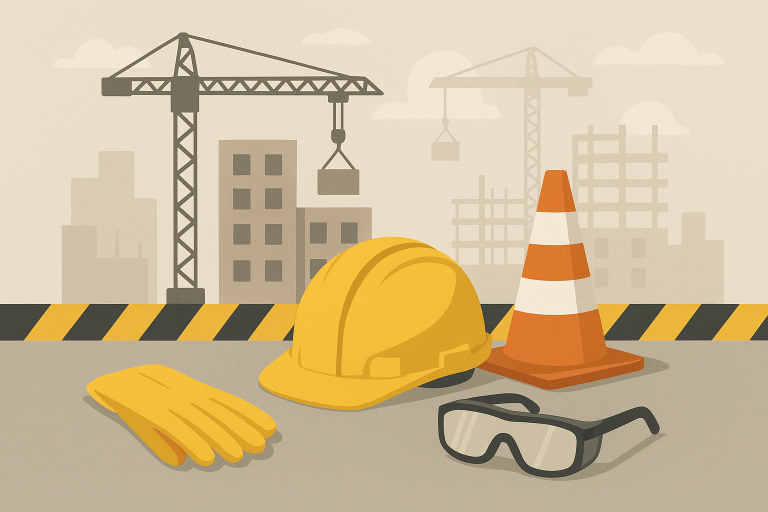 نمایی کلی از یک محل ساخت‌وساز با تجهیزات ایمنی