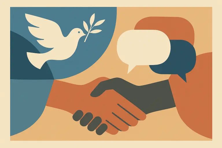 تصویر نمادین مذاکرات صلح بین دو کشور با حضور میانجیگری