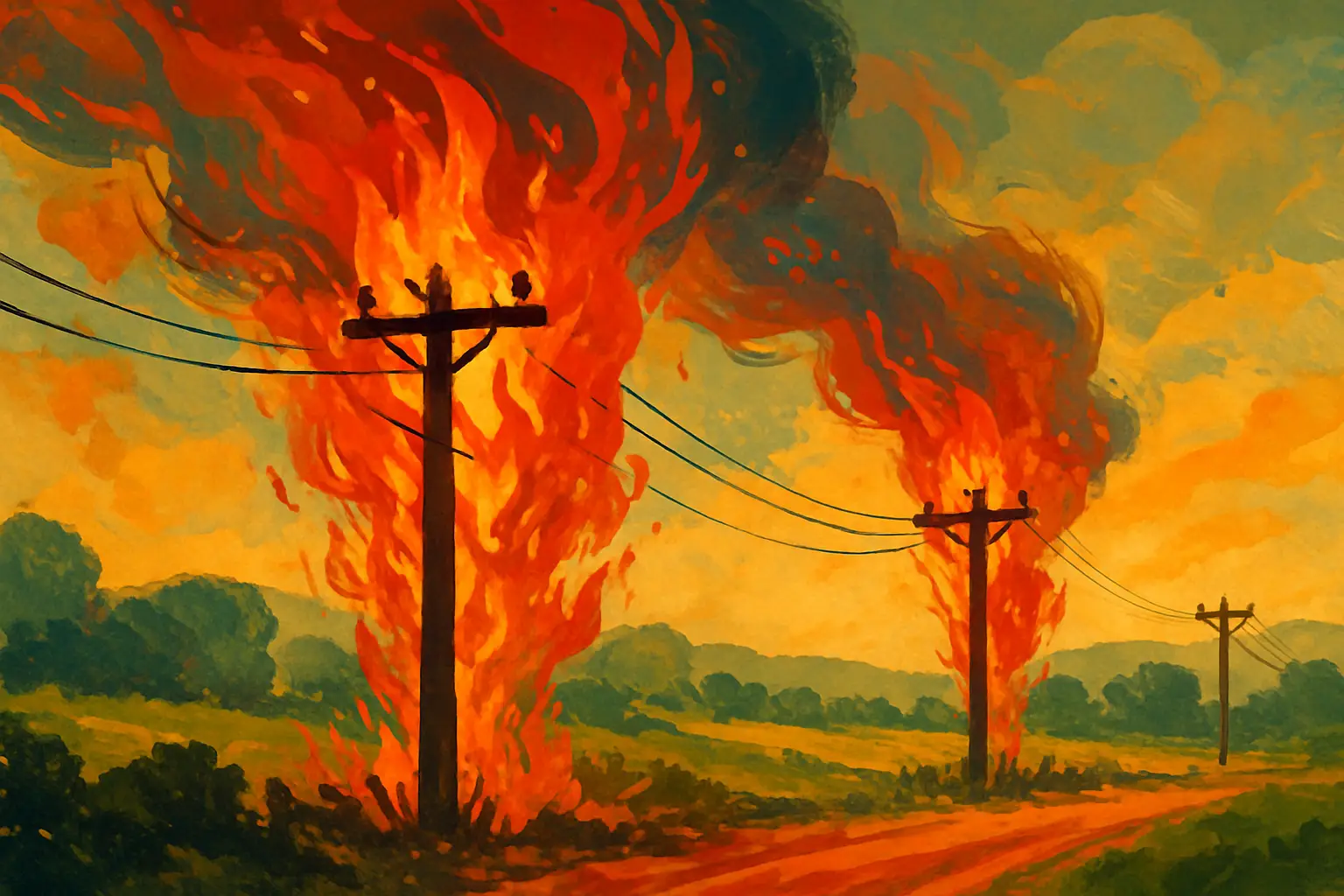 آتش سوزی روی تیرهای برق در منطقه روستایی