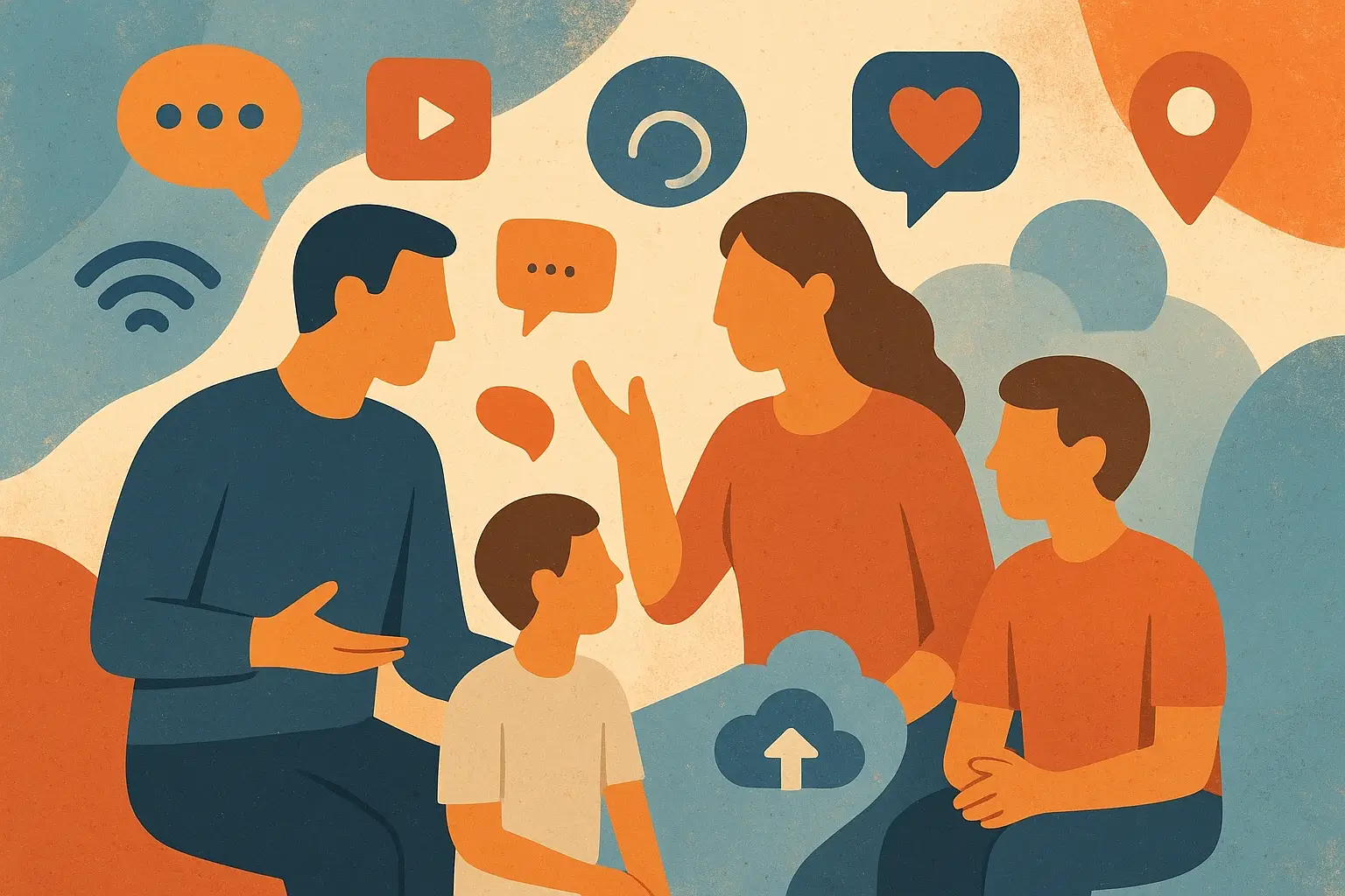 خانواده‌ای در حال گفتگو درباره تاثیرات فناوری