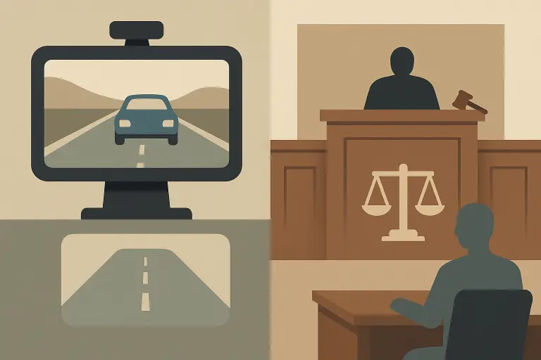 تصویر نمادین دوربین خودرو و صحنه دادگاه